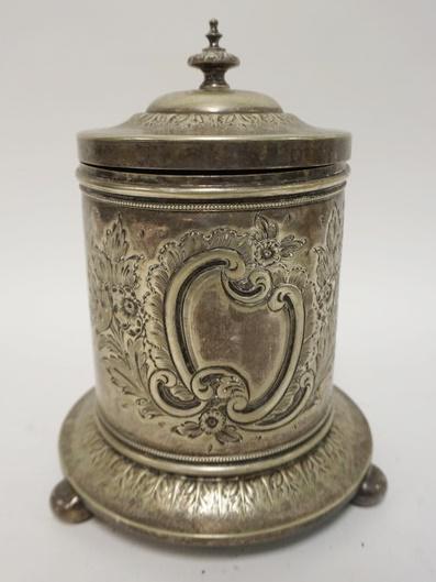 ANTIQUE SILVER PLATE BISCUIT BARREL: ANTIQUE SILVER PLATE BISCUIT BARREL, 9 IN HIGH