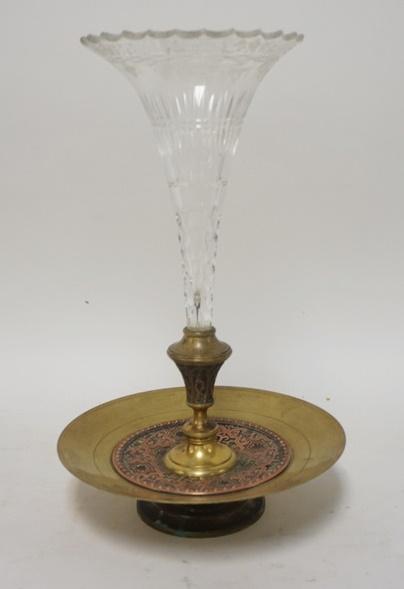 CUT GLASS EPERGNE: CUT GLASS EPERGNE HAS SOME MINOR RIM ROUGHNESS. 13 1/2 IN H
