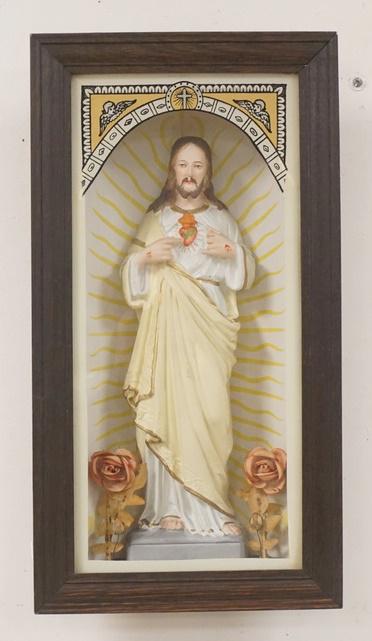 BISQUE STATUE OF JESUS IN A SHADOW BOX FRAME: BISQUE STATUE OF JESUS IN A SHADOW BOX FRAME. 11 1/2 IN X 21 1/2 IN 3 5/8 IN DEEP