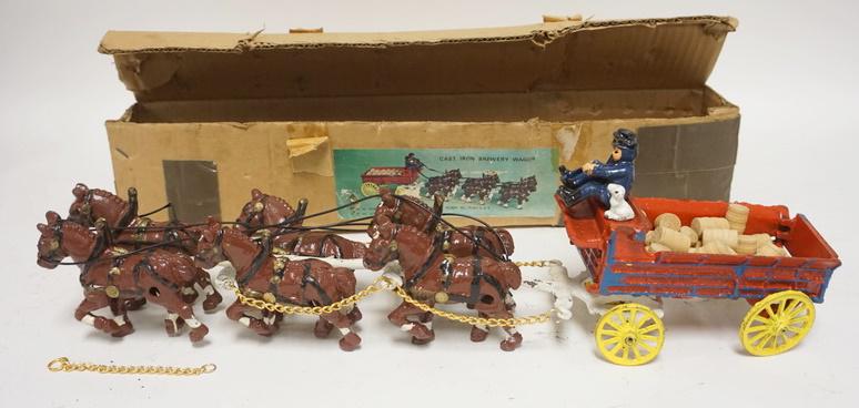 CAST IRON BREWERY TOY WAGON: CAST IRON BREWERY TOY WAGON FOR FOSTER & GALLAGHER INC. PEORIA ILL. TAWAIN W/ BOX 24 IN L