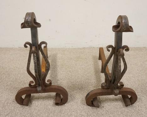 PAIR OF WROUGHT IRON ANDIRONS: PAIR OF WROUGHT IRON ANDIRONS, 19 IN HIGH X 18 1/2 IN DEEP, 9 3/4 IN WIDE