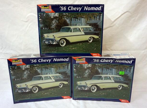 3 REVELL MONOGRAM MODEL CAR KITS: LOT OF 3 MODEL KITS, REVELL MONOGRAM, SEALED. 56 CHEVY NOMAD