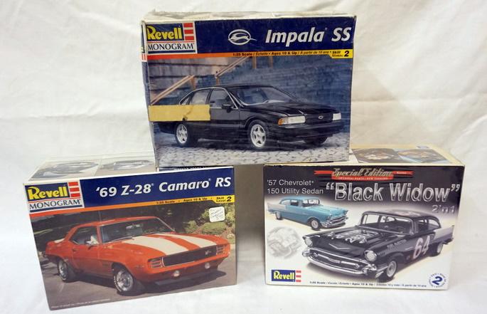 3 REVELL MONOGRAM MODEL CAR KITS: LOT OF 3 REVELL MONOGRAM MODEL CAR KITS, SEALED. CAMARO, IMPALA SS AND LIMITED ED *BLACK WIDOW*