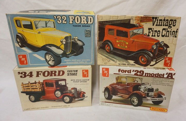 4 AMT MODEL CAR KITS: LOT OF 4 AMT MODEL CAR KITS, VINTAGE FIRE CHIEF '32 FORD, '34 FORD, AND '29 FORD. KITS ARE POSSIBLY COMPLETE, NOT GUARANTEED