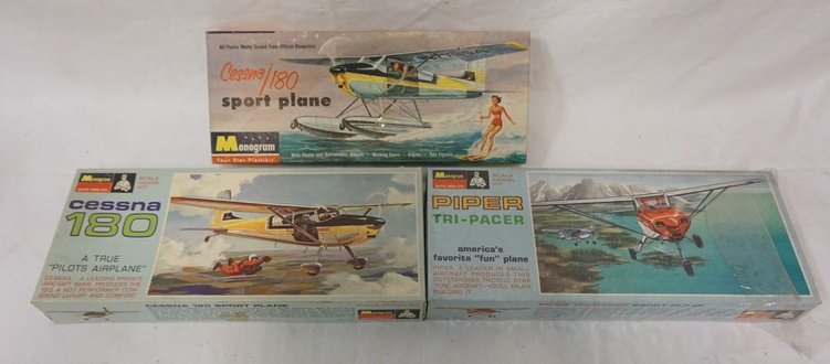 3 MONOGRAM AIR PLANE MODEL KITS: MONOGRAM LOT OF 3 AIRPLANE MODEL KITS, CESSNA 180, PIPER TRI PACER. KITS ARE POSSIBLY COMPLETE, NOT GUARANTEED
