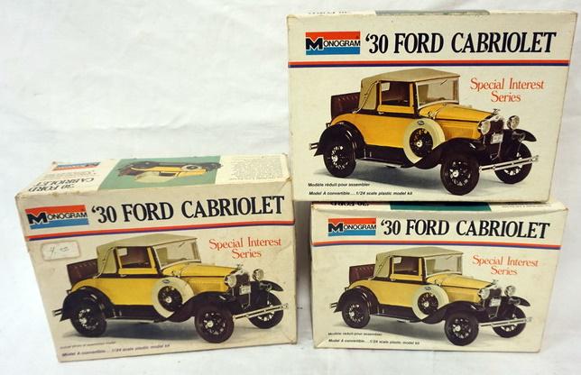 3 MONOGRAM CAR KITS: 3 MONOGRAM '30 FORD CABRIOLET MODEL CAR KITS. KITS ARE POSSIBLY COMPLETE, NOT GUARANTEED