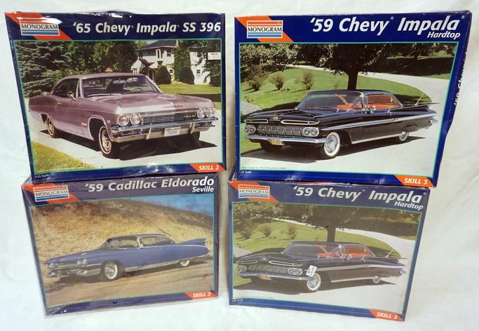 4 MONOGRAM MODEL CAR KITS: LOT OF 4 MONOGRAM MODEL CAR KITS, CHEVY IMPALA, CADILAC ELDORADO, 2 SEALED. KITS ARE POSSIBLY COMPLETE, NOT GUARANTEED