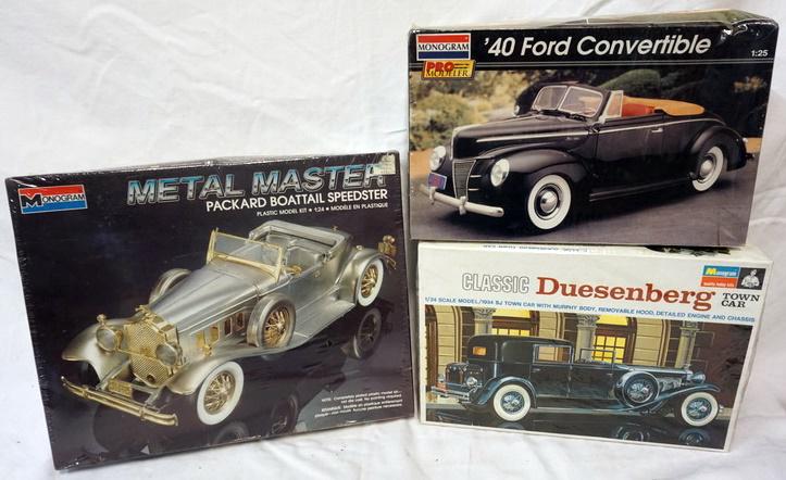 3 MONOGRAM MODEL CAR KITS: 3 MONOGRAM MODEL CAR KITS, DUESENBURG, '40 FORD AND PACKARD BOBTAIL, 2 SEALED. KITS ARE POSSIBLY COMPLETE, NOT GUARANTEED
