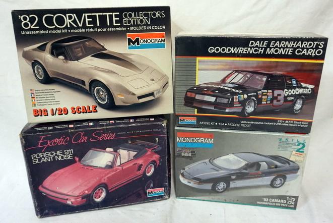 4 MONOGRAM MODEL CAR KITS: LOT OF 4 MONOGRAM MODEL CAR KITS, 2 SEALED. KITS ARE POSSIBLY COMPLETE, NOT GUARANTEED