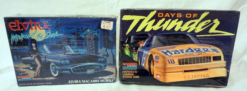 2 MONOGRAM CAR KITS ELVIRA AND DAYS OF THUNDER: LOT OF 2 MONOGRAM MODEL CAR KITS, ELVIRA MACABRE MOBILE AD DAYS OF THUNDER, SEALED.