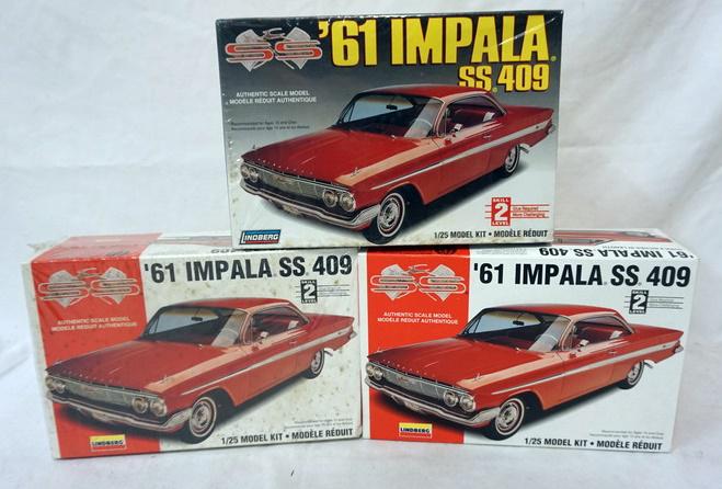 3 LINDBERG MODEL CAR KITS: LOT OF 3 LINDBERG MODEL CAR KITS, 61 IMPALA. KITS ARE POSSIBLY COMPLETE, NOT GUARANTEED