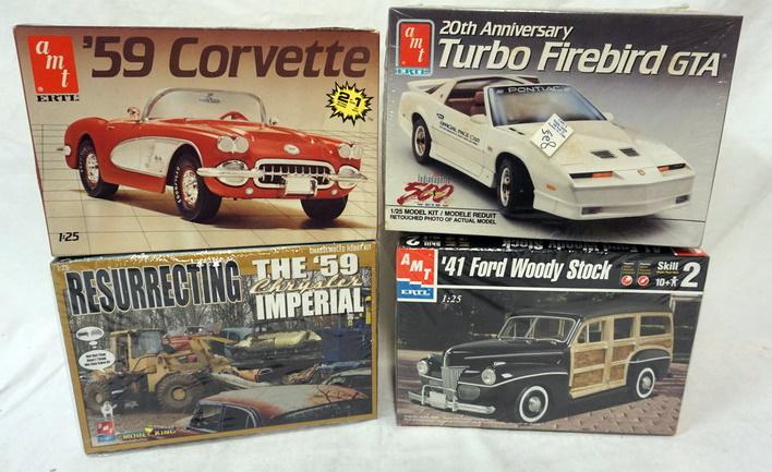 4 AMT ERTLE MODEL CAR KITS: LOT OF 4 AMT ERTL MODEL CAR KITS. KITS ARE POSSIBLY COMPLETE, NOT GUARANTEED.