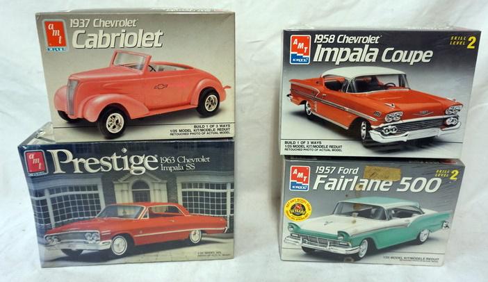 4 AMT AND ERTL MODEL CAR KITS: LOT OF 4 AMT AND ERTL MODEL CAR KITS, 3 SEALED. KITS ARE POSSIBLY COMPLETE, NOT GUARANTEED