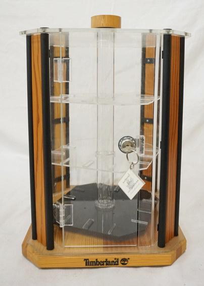 3 TIER TIMBERLAND DISPLAY CASE: THREE TIER TIMBERLAND DISPLAY CASE W/ LOCKING DOOR & KEY. 15 1/2 IN X 11 1/2 IN. 11 1/2 IN WIDE
