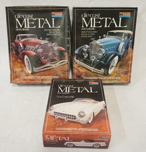 LOT OF 3 MONOGRAM DIE CAST CAR KITS: LOT OF THREE MONOGRAM DIE CAST METAL & PLASTIC MODEL CAR KITS. POSSIBLY COMPLETE NOT GUARANTEED