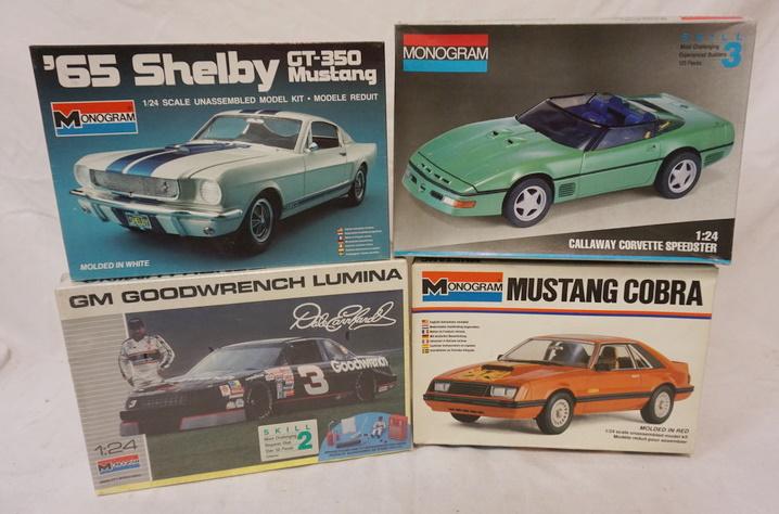 LOT OF 4 MONOGRAM MODEL CAR KITS: LOT OF FOUR MONOGRAM CAR KITS THREE ARE OPEN- POSSIBLY COMPLETE NOT GUARANTEED & ONE IS SEALED IN BOX