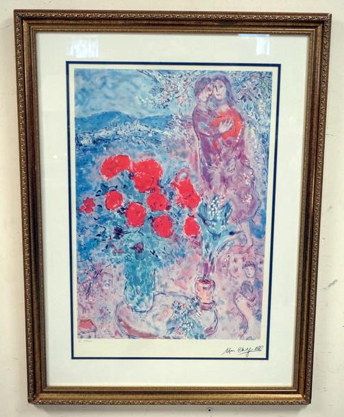 LARGE MARC CHAGALL *RED BOUQUETS* LIMITED EDITION: LARGE MARC CHAGALL *RED BOUQUETS* LIMITED EDITION IN FRAME WITH CERTIFICATE 30 IN X 40 IN