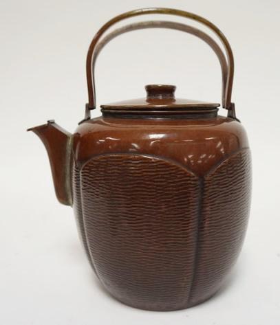 ASIAN BRONZE DOUBLE HANDLED TEAPOT: ASIAN BRONZE DOUBLE HANDLED TEAPOT W/WOVEN BASKET DESIGN AROUND EXTERIOR & CHARACTER MARKS ON BOTTOM, 9 1/2 IN HIGH