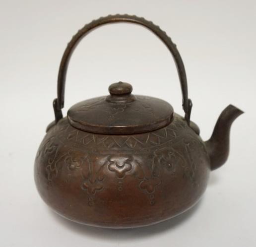 ASIAN BRONZE TEAPOT: ASIAN BRONZE TEAPOT W/TOOLED DESIGN AROUND EXTERIOR, 7 IN HIGH