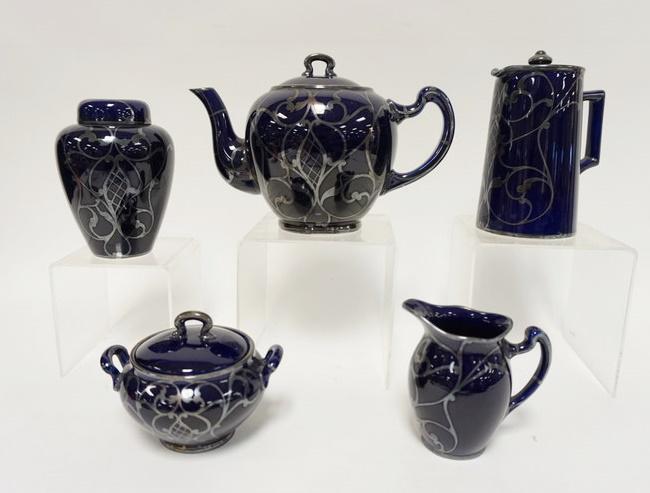 LENOX SILVER OVERLAY OVER COBALT TEA SET: LENOX SILVER OVERLAY OVER COBALT, GROUP OF 5 PIECES FROM TEA SET