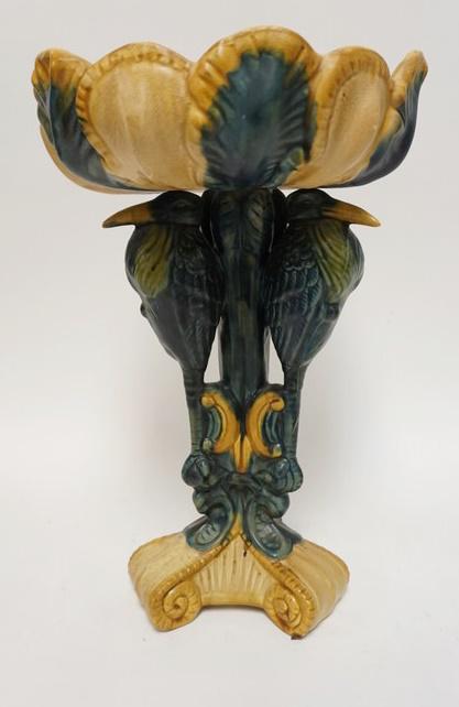 TALL POTTERY COMPOTE W/WADING BIRD STEM: TALL POTTERY COMPOTE W/WADING BIRD STEM, 14 IN HIGH, 9 IN DIAMETER