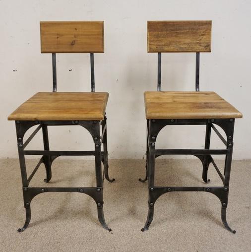 2 INDUSTRIAL STYLE WOOD & METAL BAR STOOLS: 2 INDUSTRIAL STYLE WOOD & METAL BAR STOOLS