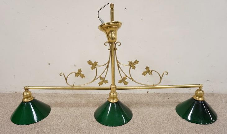 ORNATE BRASS HANGING BILLARD LAMP FIXTURE: ORNATE BRASS HANGING BILLARD LAMP FIXTURE W/ 3 GREEN CASE GLASS SHADES. 53 IN W APP. 26 1/2 IN H