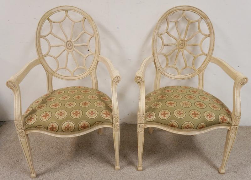 PAIR OF WEB BACKED UPLHOLSTERED SEAT ARM CHAIRS: PAIR OF WEB BACKED UPLHOLSTERED SEAT ARM CHAIRS