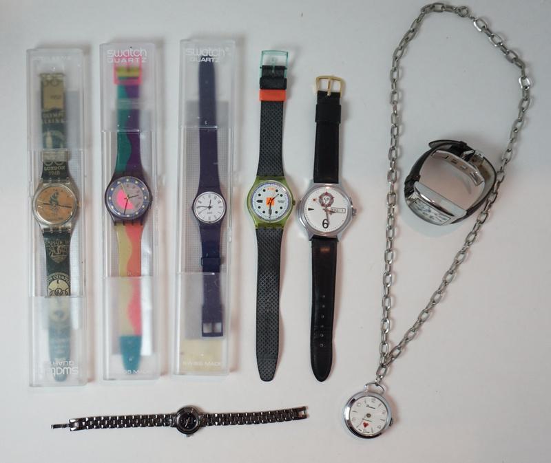 WATCH LOT: 4 SWATCH WATCHES INCLUDING 1996 ATLANTA OLYMPIC, CAEAHO B CCCP WATCH, LANCASTER ITALY WATCH, RUMOURS WATCH AND LUCERNE WATCH ON A CHAIN, AS FOUND