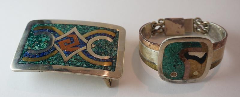 MEXICAN MIXED METAL CUFF BRACELET AND BELT BUCKLE: MEXICAN MIXED METAL CUFF BRACELET AND BELT BUCKLE, MARKED