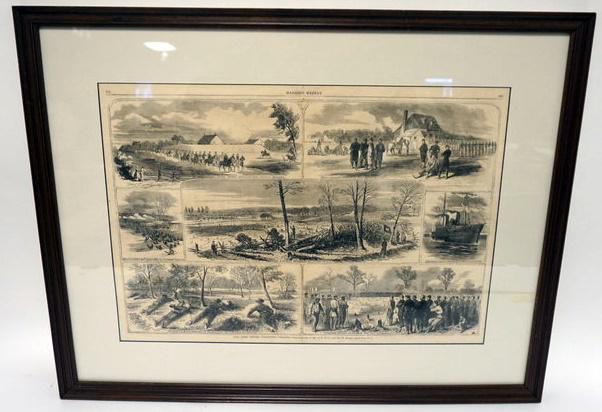 FRAMED CIVIL WAR HARPERS WEEKLY: FRAMED CIVIL WAR HARPERS WEEKLY, OUR ARMY BEFORE YORKTOWN, VA. 29 1/4 IN X 22 3/4 IN OVERALL