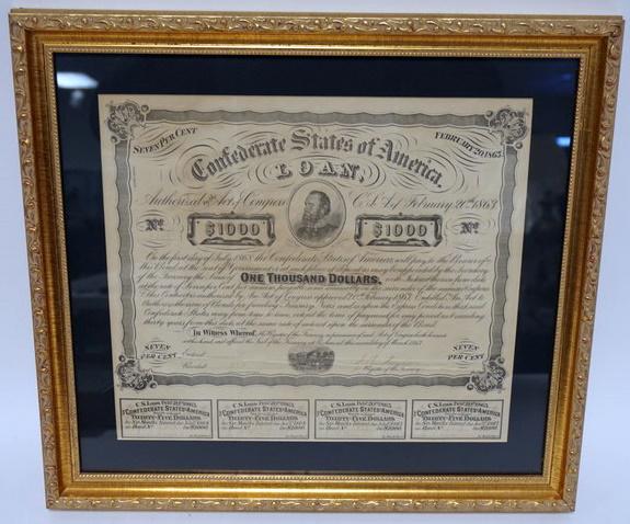 FRAMED CONFEDERATE STOCK CERTIFICATE (1 of 2)
