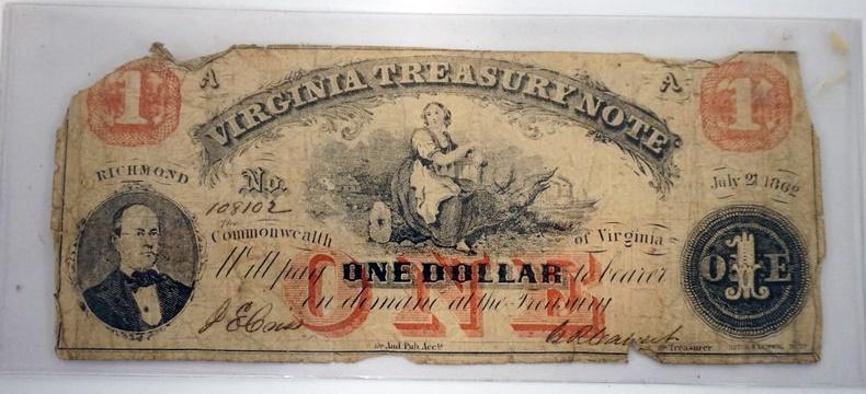 VIRGINIA CONFEDERATE TREASURY NOTE 1862 (1 of 2)