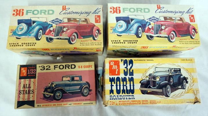 LOT OF 4 AMT MODEL CAR KITS: LOT OF FOUR AMT MODEL CAR KITS. THE BOX FOR THE '32 FORD ROADSTER KIT IS CONSIDERBLY WORN. POSSIBLY COMPLETE NOT GUARANTEED.