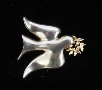 STERLING SILVER AND 14K GOLD PEACE DOVE WITH OLIVE: STERLING SILVER AND 14K GOLD PEACE DOVE WITH OLIVE BRANCH