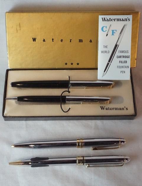 VINTAGE WATERMANS IN BOX AND PIERE CARDIN PEN AND: VINTAGE WATERMANS IN BOX WITH INSTRUCTIONS AND BLANK CARTRIDGES AND PIERE CARDIN, AS FOUND, PEN AND PENCIL SETS