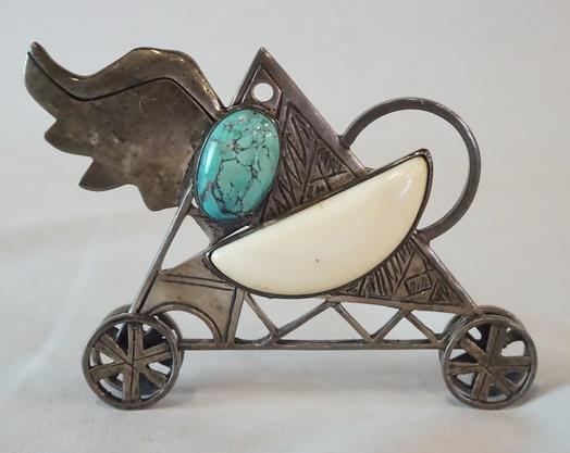 OUTSTANDING DESIGNER PIN BROOCH MARKED PERLMAN: OUTSTANDING DESIGNER PIN BROOCH WITH STONES MARKED PERLMAN, 2 1/2 IN HIGH
