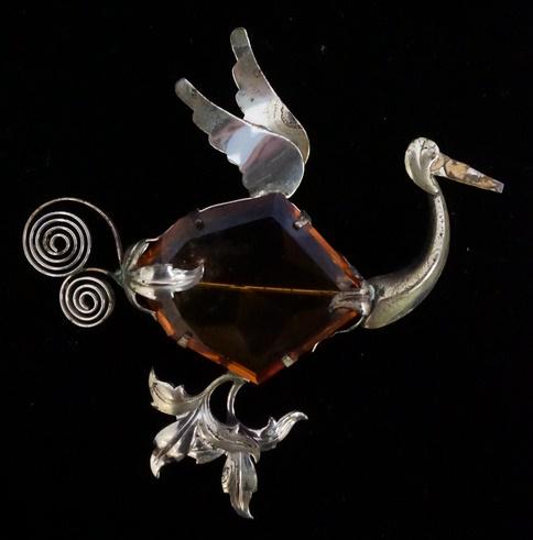 OUTSTANDING DESIGNER STERLING SILVER AND AMBER STORK (1 of 2)