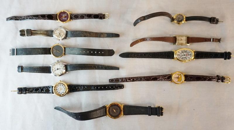 LOT OF 10 WRIST WATCHES: LOT OF TEN WRIST WATCHES, LOT INCLUDES PIEVE NICOL, REGENCY, BRIGHT IDEAS, IMAGE WATCHES INC. CALIFORNIA, PULSAR, SUIZO, CARAVELLE, & BENRUS. SOME WATCHES HAVE DAMAGE. AS FOUND.