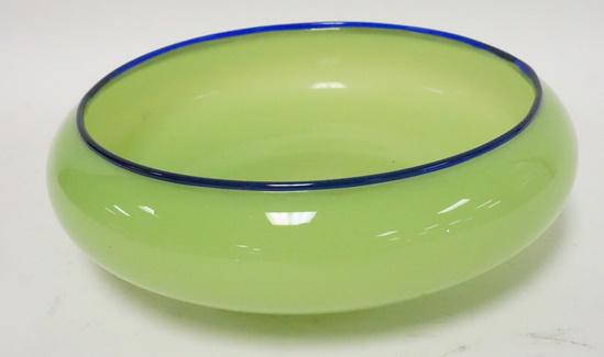 CZECH TANGO GLASS BOWL, GREEN W/BLUE RIM: CZECH TANGO GLASS BOWL, GREEN W/BLUE RIM, POLISHED PONTIL, 11 IN DIAMETER, 3 3/4 IN HIGH