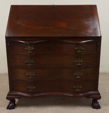 CHARAK MAHOGANY SLANT FRONT DESK: CHARAK MAHOGANY SLANT FRONT DESK, HAS BALL & CLAW FEET FRONT & BACK, SERPENTINE FRONT, 36 IN WIDE X 42 1/2 IN HIGH