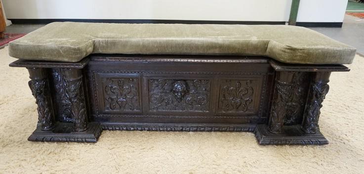 FIGURAL CARVED WINDOW BENCH W/LIFT SEAT: FIGURAL CARVED WINDOW BENCH W/LIFT SEAT, HAS CUSTOM MADE CUSHION, 67 1/2 IN WIDE
