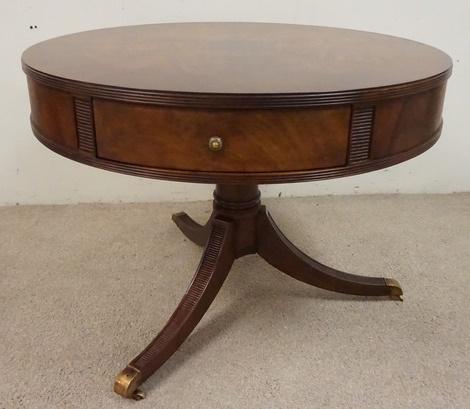 MAITLAND-SMITH 3 DRAWER DRUM TABLE: MAITLAND-SMITH 3 DRAWER DRUM TABLE, HAS BANDED & PATTERNED VENEER TOP, BRASS FEET & CASTORS, 40 IN DIAMETER, 30 IN HIGH