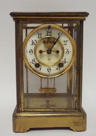ANSONIA CRYSTAL REGULATOR CLOCK: ANSONIA CRYSTAL REGULATOR CLOCK, GLASS PANELS ARE BEVELED, OPEN ESCAPEMENT, 6 1/2 IN X 5 1/4 IN X 9 3/4 IN HIGH