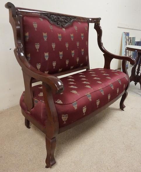 CARVED MOHOGANY SETTEE W/CURVED ARMS: CARVED MAHOGANY SETTEE W/CURVED ARMS, 50 IN WIDE X 44 IN HIGH