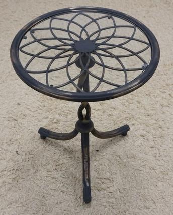 IRON BASE GLASS TOP SMALL TABLE: IRON BASE GLASS TOP SMALL TABLE, 18 IN DIAMETER, 26 IN HIGH