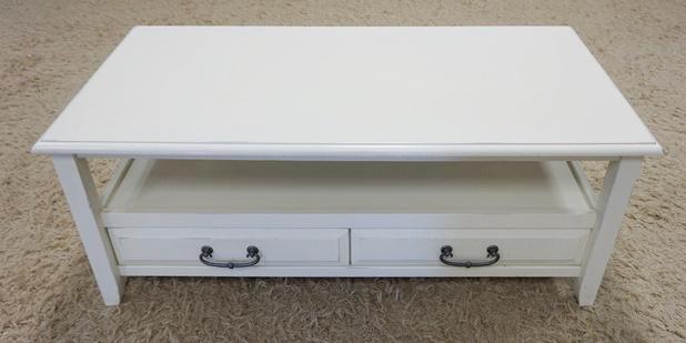 PIER 1 TWO DRAWER COFFEE TABLE: PIER 1 TWO DRAWER COFFEE TABLE, PAINTED WHITE, 46 IN X 23 3/4 IN X 18 IN HIGH