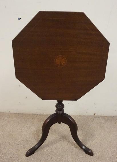 SMALL INLAID TILT TOP TABLE: SMALL INLAID TILT TOP TABLE, OCTAGONAL, 17 1/4 IN ACROSS THE TOP X 22 IN HIGH