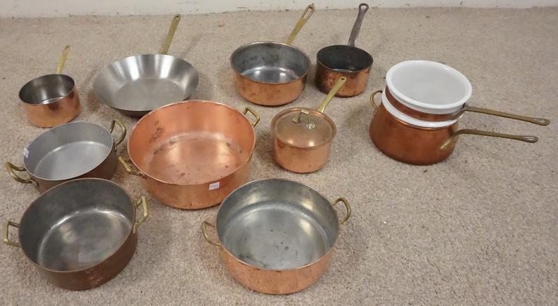 LARGE LOT OF ASSORTED COPPER COOKWARE: LARGE LOT OF ASSORTED COPPER COOKWARE, DOUBLE BOILER LINER IS CRACKED, 5 1/4 IN COPPER SAUCE PAN W/BRASS HANDLE IS MARKED *PAUL REVERE LIMITED EDITION* AS IS THE 10 1/2 IN FRYING PAN, 8 1/8 IN SHINY C