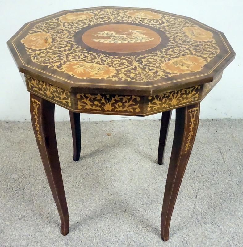 INLAID TABLE WITH LIFT TOP AND MUSIC BOX INSERT: INLAID TABLE WITH LIFT TOP AND MUSIC BOX INSERT, 18 1/2 IN ACROSS X 20 3/4 IN HIGH